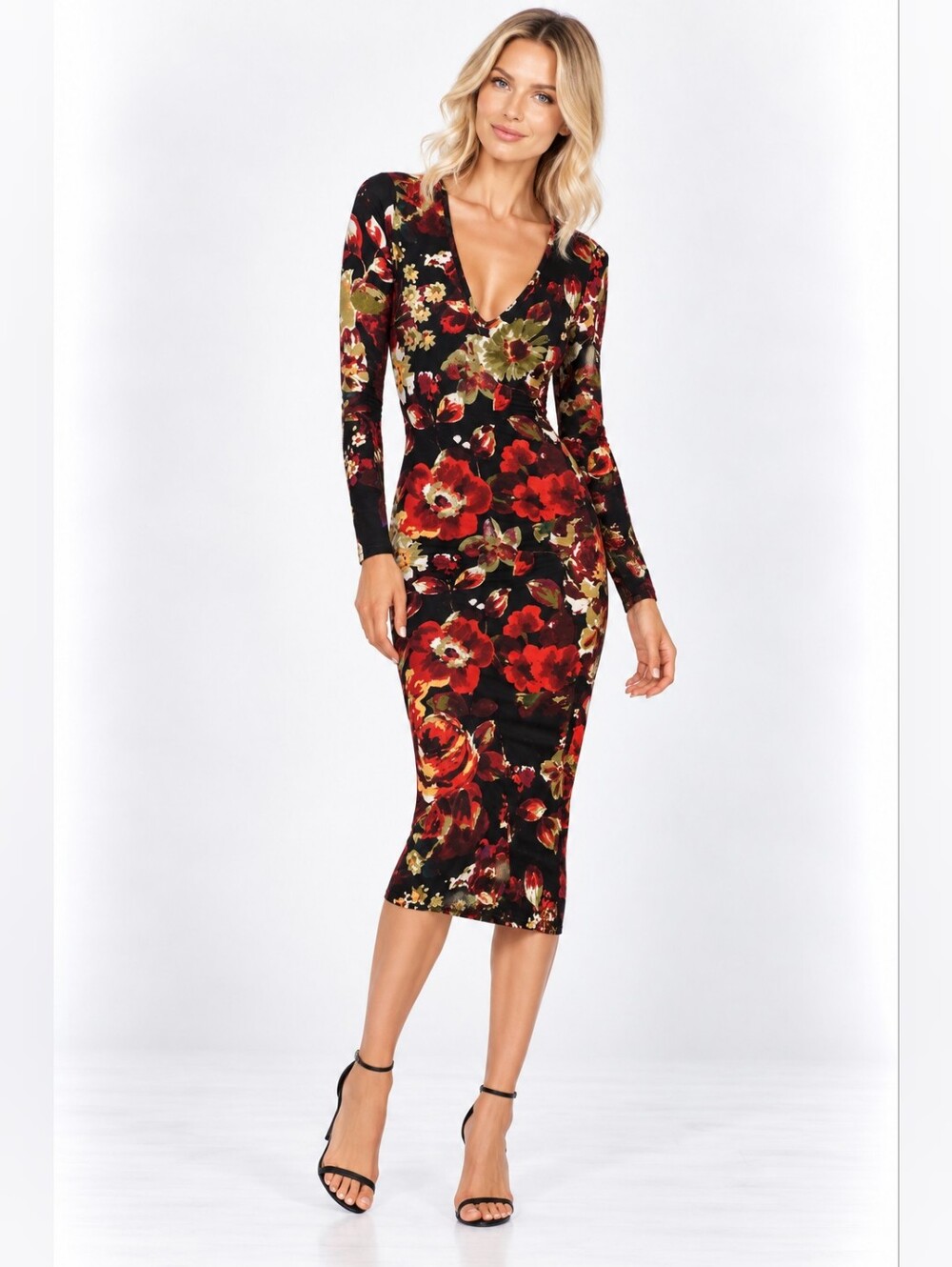 Club L Size S Floral Midi Dress in Black & Red